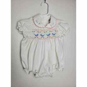 Vintage Baby Togs Girl Bubble Romper Smocked White 3 6 Months Birds 70's 80's